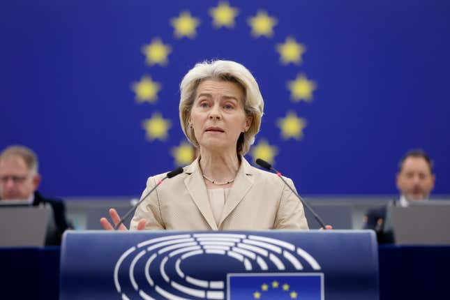 European Commission President Ursula von der Leyen delivers her speech at European Parliament Wednesday, Jan. 17, 2024 in Strasbourg, eastern France. Members of the parliament will discuss the results of the Dec. 14-15 summit, outline their expectations for the Feb.1, 2024 special European Council and assess the situation in Hungary and frozen EU funds. (AP Photo/Jean-Francois Badias)