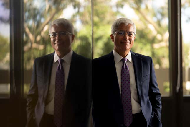 Pedro Pizarro, president and CEO of Edison International, a holding company that includes a major California utility, stands for a photo in Rosemead, Calif., Wednesday, Oct. 11, 2023. Pizarro says his firm doesn’t burn fossil fuels and he doesn’t consider it a fossil fuel company even though they get at least 40% of the electricity they supply from burning natural gas. (AP Photo/Jae C. Hong)