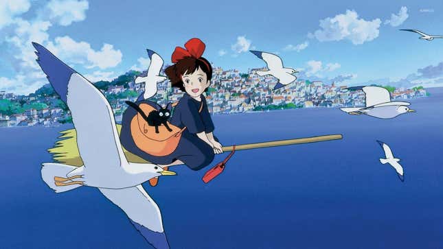 Kiki and her cat fly on a broomstick over the ocean. 