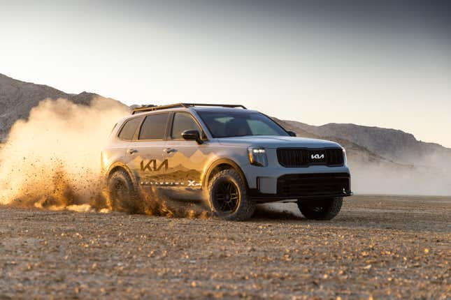 The 2024 Kia Telluride X-Pro takes on desert terrain. (2024 Telluride X-Pro modified for Rebelle Rally. Modified vehicle NOT for sale.)