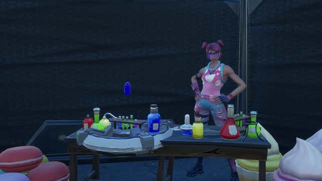 A Fortnite character stands behind a table covered in chemical equipment.