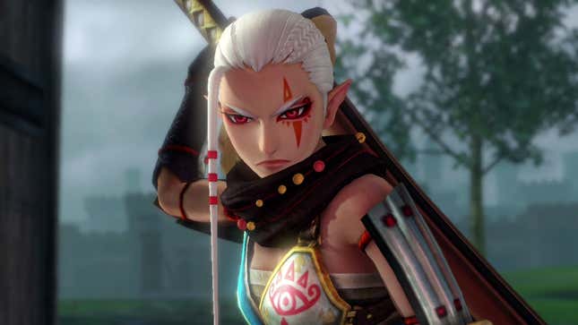 A screenshot of Hyrule Warriors: Definitive Edition. Impa is shown reaching for her sword on her back.