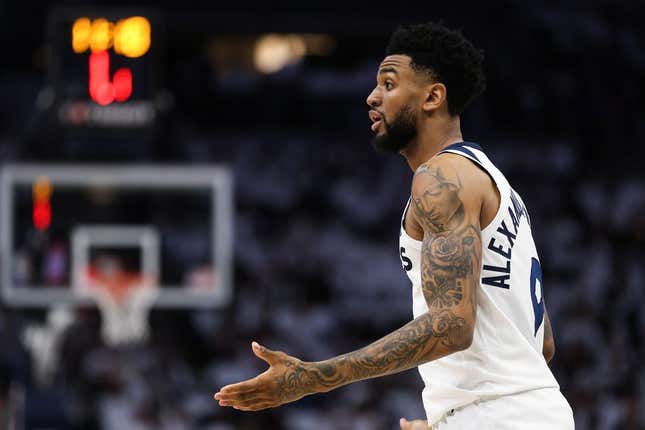 Apr 23, 2023; Minneapolis, Minnesota, USA; Minnesota Timberwolves guard Nickeil Alexander-Walker (9) reacts after a foul call against the Denver Nuggets during the second quarter of game four of the 2023 NBA Playoffs at Target Center.