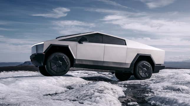 Une image d’un pick-up Tesla Cybertruck argenté. 