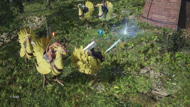 Cloud and party riding a group of chocobos