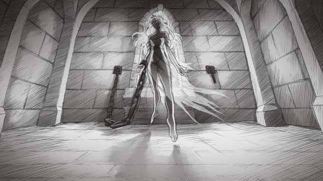 The princess towers over the player while shackled against the wall.