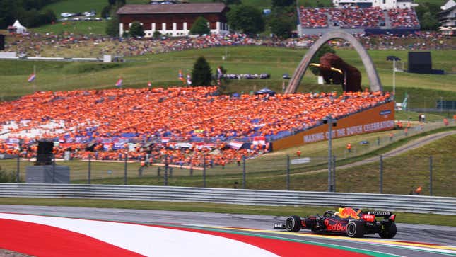 A photo of a 2021 Formula 1 car on track. 