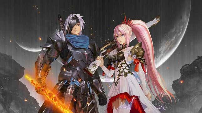 A white-haired man in armor wielding a flaming sword stands next to a pink-haired woman wearing white and wielding a gun