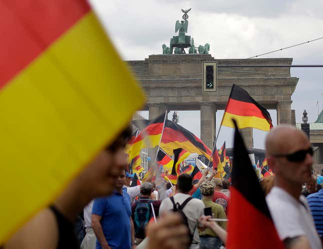 AfD supporters congregate at the Brandenburg Gate.