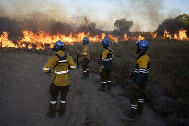 Firefighter control the burned field to fight the wildfires of native forest at Paraje Uguay, Corrientes, Argentina