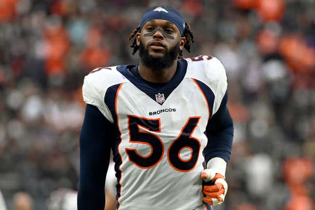 FILE - Denver Broncos linebacker Baron Browning (56) runs off the field for halftime during an NFL football game against the Las Vegas Raiders Sunday, Oct. 2, 2022, in Las Vegas. A new investment platform that allows fans to buy and sell shares in the future on-the-field earnings of college and professional athletes has received federal approval to begin trading in the U.S. stock market. Browning will headline Vestible Inc.&#39;s initial offering the week of March 18. Vestible is entitled to 1% of Browning’s on-field income, which will be distributed to shareholders, for the remainder of his NFL playing career. (AP Photo/David Becker, File)