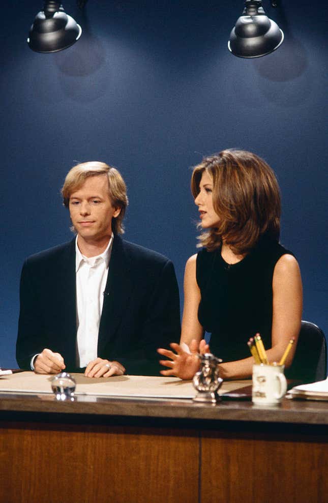 David Spade, Jennifer Aniston during “Spade in America” skit on October 21, 1995