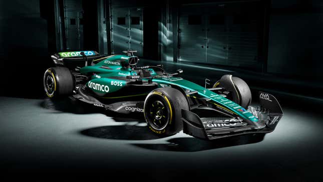 A photo of the dark green Aston Martin F1 car. 