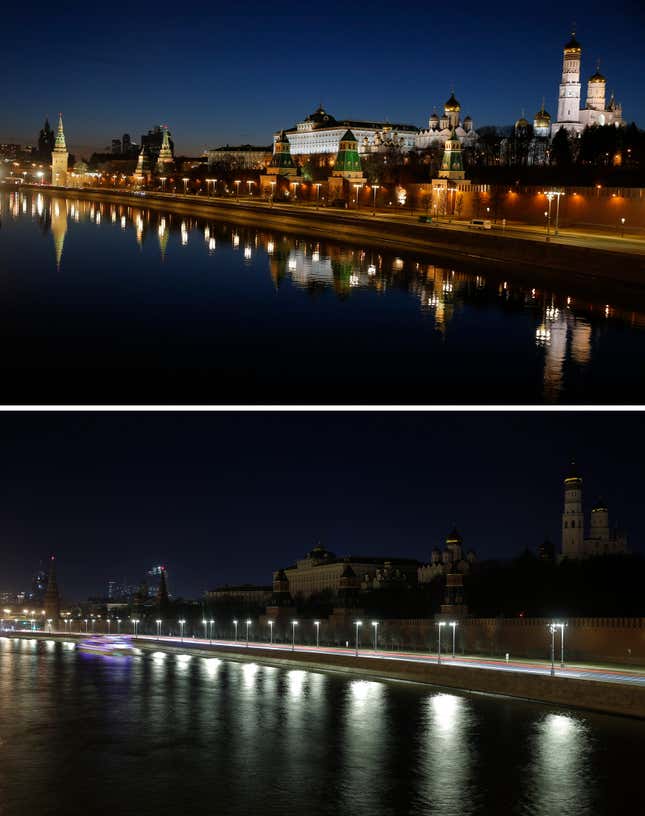 A combination photo shows the Kremlin during Earth Hour (bottom) and after the lights were switched on in central Moscow, Russia, March 25, 2017.