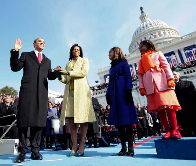 U.S. President Barack Obama takes the Oath of Office as the 44th U.S. President with his wife Michelle, daughters Malia (2nd R) and Sasha (R) by his side at the U.S. Capitol on Jan. 20, 2009.