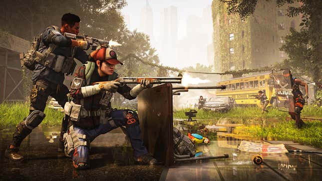 Two soldiers take cover behind a table while being ambushed in an overgrown, post-apocalyptic city.