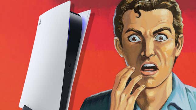 An artistic rendering of a guy is horrified at the PS5 all-digital version's sales. 