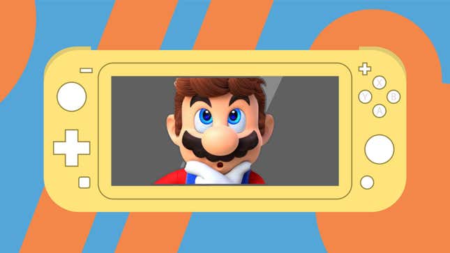 Mario thinking, appearing on the screen of a cartoon Switch.