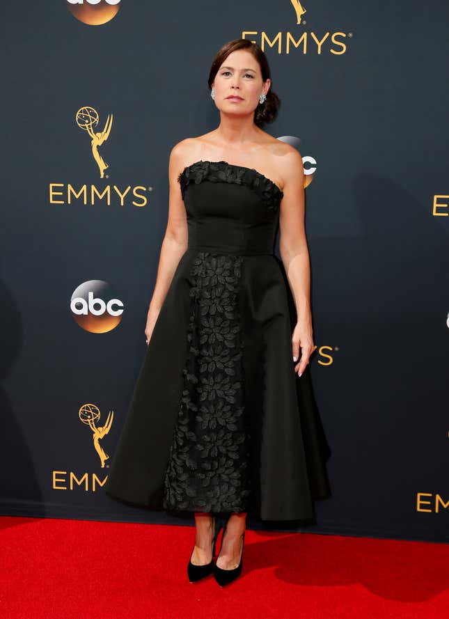 Maura Tierney arrives at the 68th Primetime Emmy Awards on Sunday, Sept. 18, 2016, at the Microsoft Theater in Los Angeles. (Photo by Danny Moloshok/Invision for the Television Academy/AP Images)