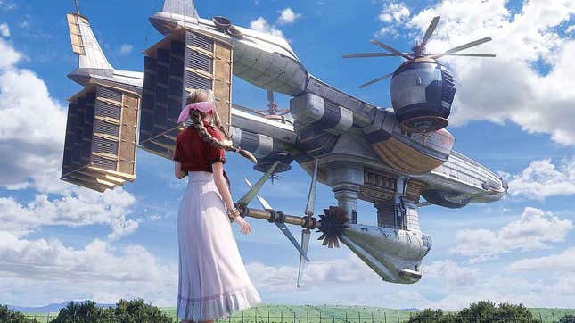 Aerith watches an airship rise above a green field