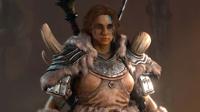 A Barbarian wears thick armor with weapons slung across her back.