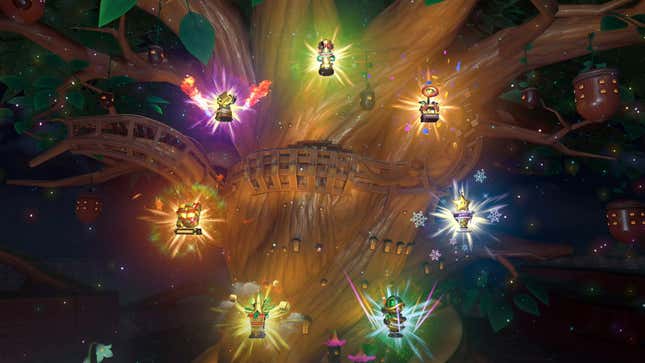 A screenshot of Mario Kart World. Seven trophies are in a circle and glowing in front of a tree.