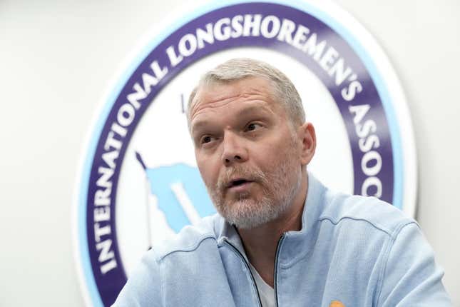 Scott Cowan, President of Local 333, International Longshoremen&#39;s Association speaks during an interview, Thursday, March 28, 2024, in Baltimore, Md. (AP Photo/Matt Rourke)