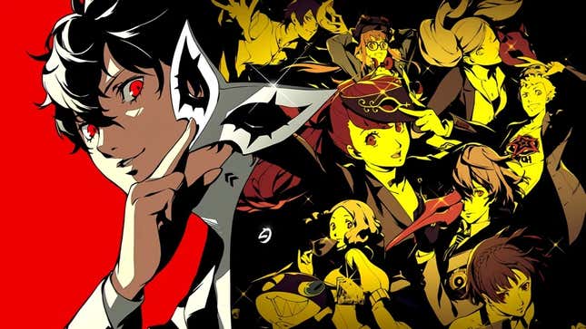 A splash screen of Persona 5, depicting the game's protagonist Joker with his many companions on the right half of the frame.