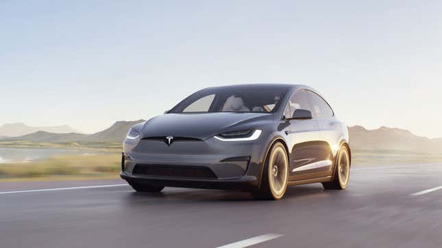 A grey Tesla Model X electric car. 