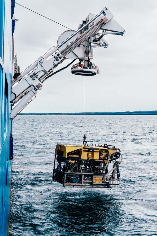 ROV SuBastian is recovered in the Galapagos Marine Reserve on Research Vessel Falkor (too). 