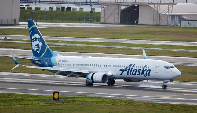 Alaska Airlines flight 337 from Fort Lauderdale, Fla. a Boeing 737-900, lands at Portland International Airport in Portland, Ore., Saturday, Jan. 6, 2024.