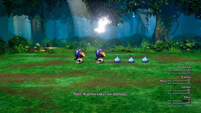 A screenshot of Dragon Quest III HD-2D. A battle screen is depicted, two birds standing on skulls and three slime enemies shaped like teardrops are in the center of the screen.