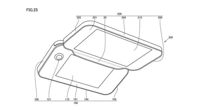 An image shows the patent for Nintendo's dual-screen handheld gaming device. 