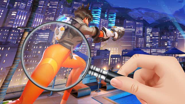 A cartoon hand holds a magnifying glass over Overwatch character Tracer's orange-leggings-covered backside. 