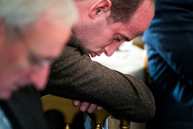 Stephen Miller, senior advisor for president Donald J. Trump, nods off as the president speaks about ways to combat mass shootings at high schools.
