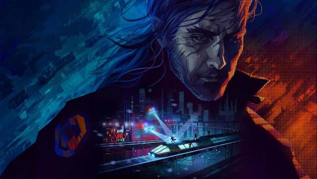 A cyborg looks at a train leaving a cyberpunk city in key art for Replaced.