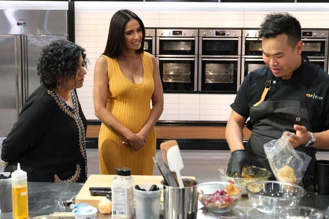 Asma Khan, Padma Lakshmi, and Buddha Lo in season 20 of Top Chef