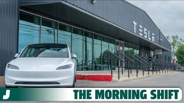 A photo of a Tesla Model 3 EV outside a dealership.