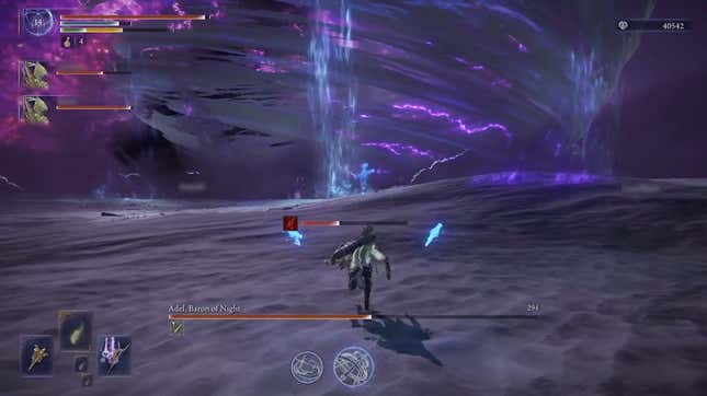 The player character takes on a bleeding status during a boss fight.