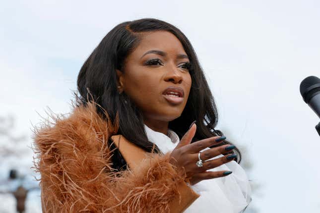 WASHINGTON, DC - DECEMBER 13: U.S. Rep. Jasmine Crockett (D-TX) speaks during a press conference held to address MAGA Republicans’ decision to prioritize the impeachment of President Joe Biden over other domestic issues in the United States on December 13, 2023 in Washington, DC.