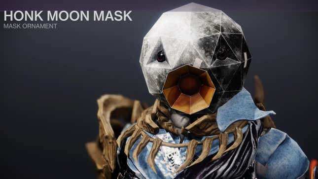 A Guardian from Destiny 2 wearing a Honk Moon Mask from the game's new Festival of the Lost event. 