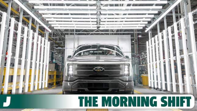 A photo of a Ford F-150 Lightning truck at the factory. 