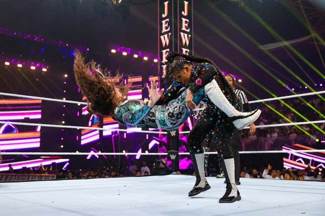 Bianca Belair and Chelsea Green in action during Crown Jewel at Mohammed Abdo Arena on November 2, 2024 in Riyadh, Saudi Arabia. 