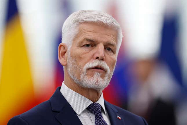 FILE - Czech Republic&#39;s President Petr Pavel delivers a speech at the European Parliament, Wednesday, Oct. 4, 2023 in Strasbourg, eastern France. Czech President Petr Pavel said he decided to sign into law a package of dozens dozens measures proposed by the government and approved by Parliament designed to keep the ballooning budget deficit under control. (AP Photo/Jean-Francois Badias, File)