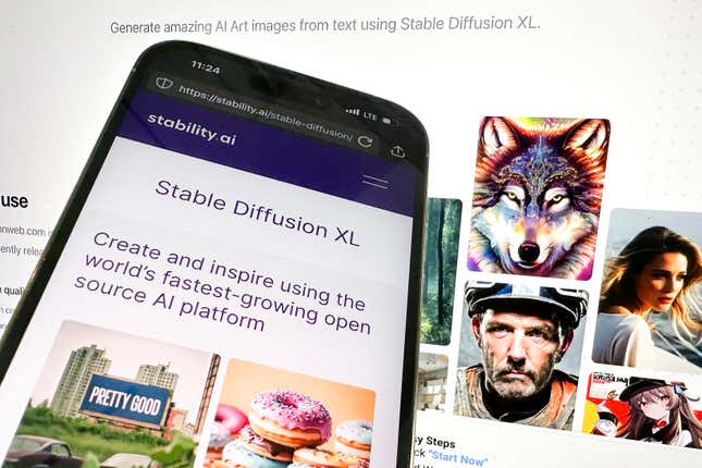 In this picture, the desktop and mobile websites for Stable Diffusion are seen, Tuesday, Oct. 24, 2023, in New York. Computer-generated child sexual abuse images made with artificial intelligence tools like Stable Diffusion are starting to proliferate on the internet and are so realistic that they can be indistinguishable from photographs depicting actual children, according to a new report. (AP Photo/John Minchillo)