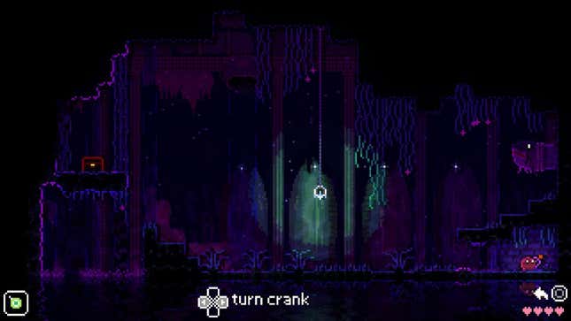 An Animal Well screenshot shows the player character in the lower-right corner of a room, with the contextual prompt "turn crank" displayed onscreen.