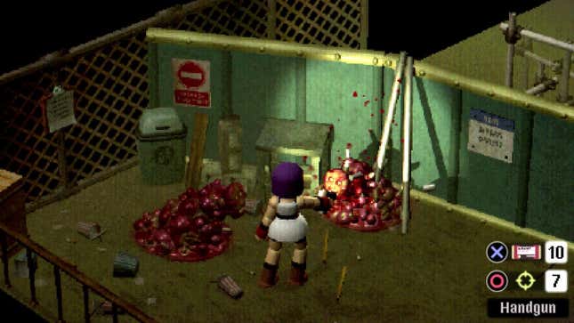 A young woman with purple hair shooting a fleshy blob
