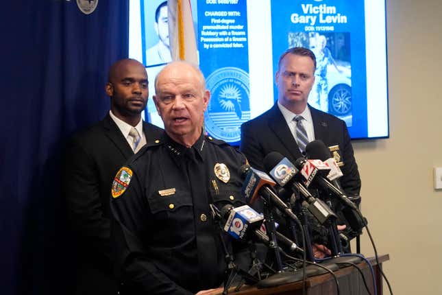 FILE - Palm Beach Gardens Chief of Police Clinton Shannon speaks at a news conference, Wednesday, Sept. 13, 2023, in Boynton Beach, Fla. Shannon and the Florida Department of Law Enforcement announced that Mathew Flores has been indicted on first-degree murder in the killing of Lyft driver Gary Levin. Okeechobee County, Fla., prosecutors filed a court notice on Thursday, Sept. 21, saying they will seek a death sentence against Flores. They cited several aggravating circumstances, including that the killing happened while the suspect was fleeing another felony — a robbery — and that it was done in a “cold, calculated and premeditated manner.” (AP Photo/Marta Lavandier, File)