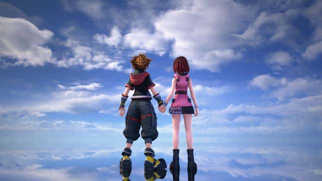 Sora and Kairi stand in a world made up of mostly sky.