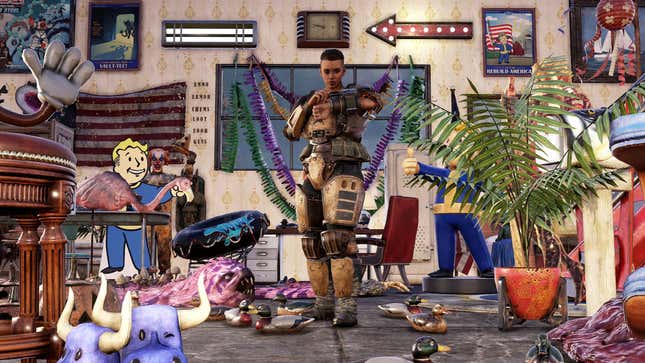 Fallout 76 has a player stood among the remains of a party.